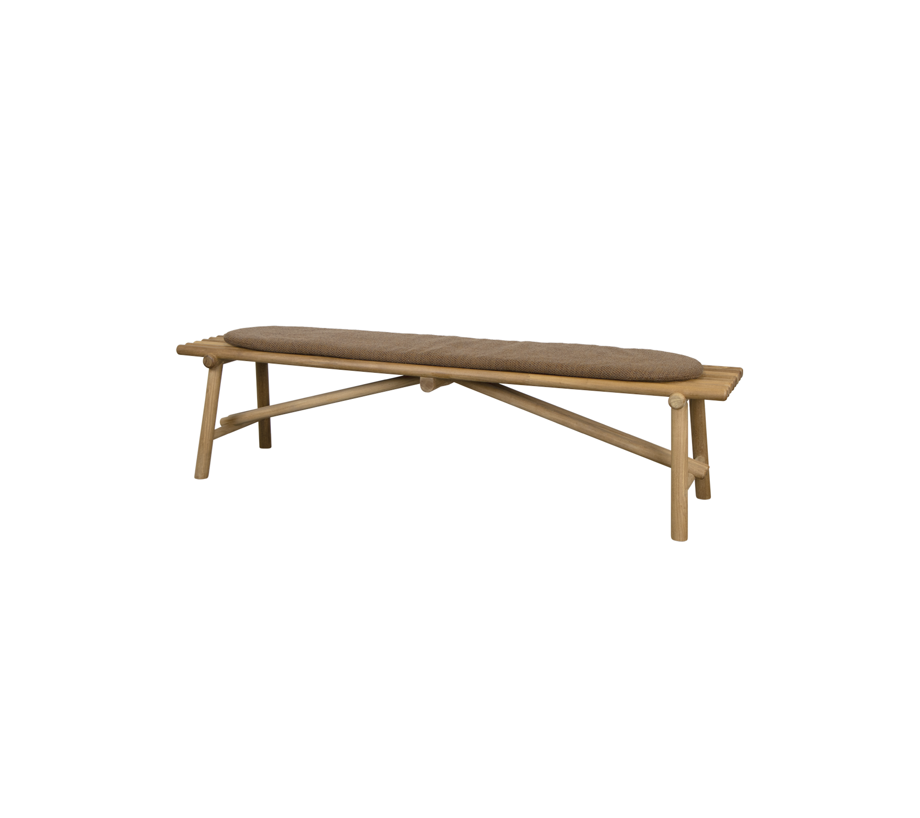 Holzbank mit einer geschwungenen Sitzfläche und gekreuztem Bein-Design, das eine stilvolle und minimalistische Sitzlösung bietet.