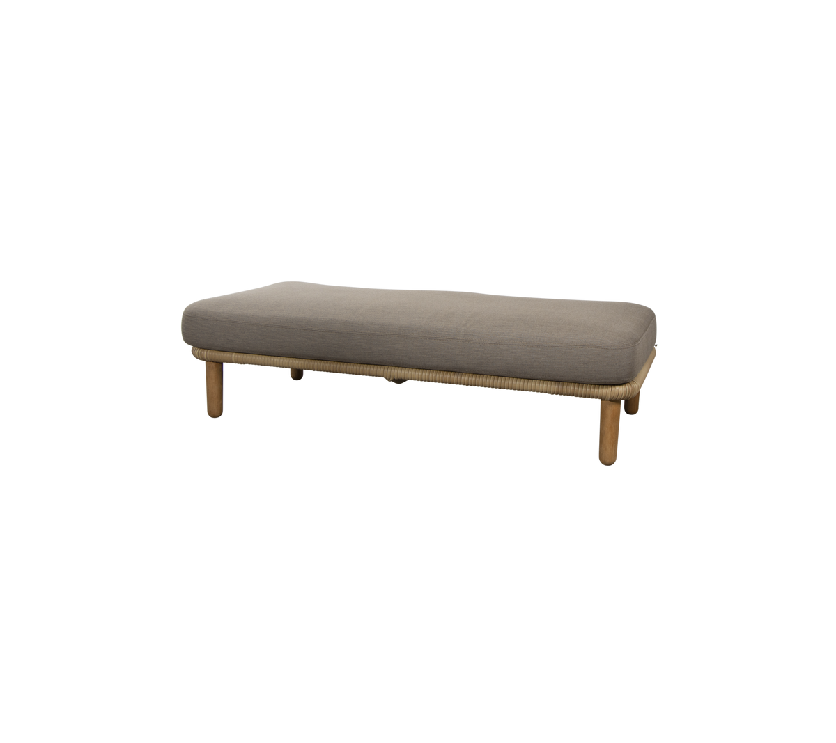 Minimalistische Bank mit einem eleganten grauen Kissen und Beinen aus natürlichem Holz, ideal für vielseitige Sitzgelegenheiten in verschiedenen Räumen.