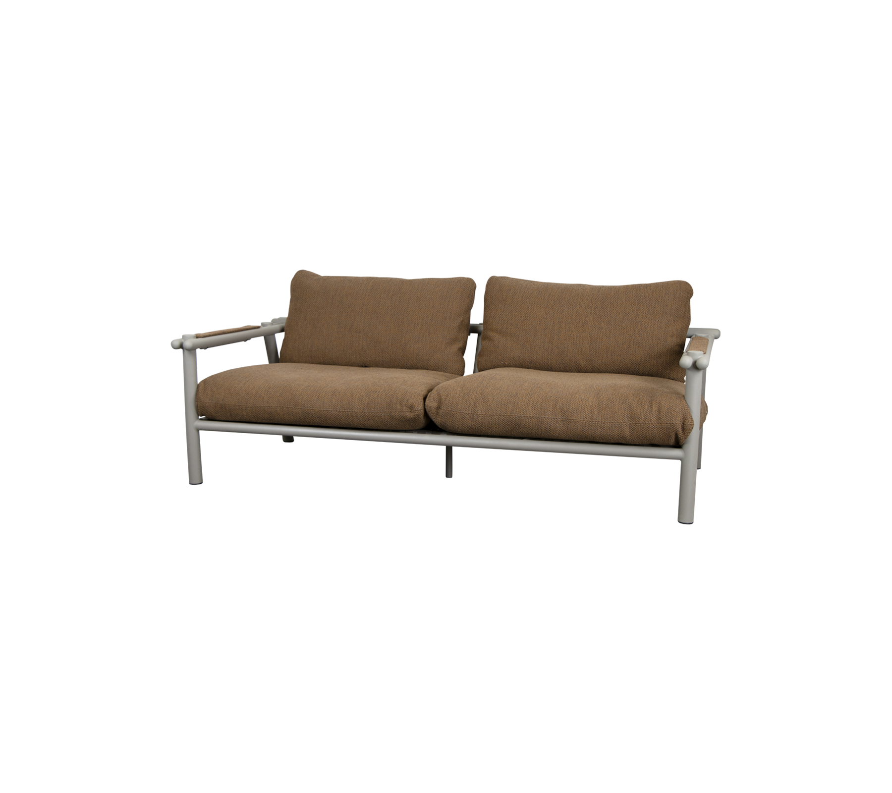 Ein bequeme Zweisitzer-Sofa mit plüschigen braunen Kissen und einem schlanken Metallrahmen, ideal für Entspannung und Stil.