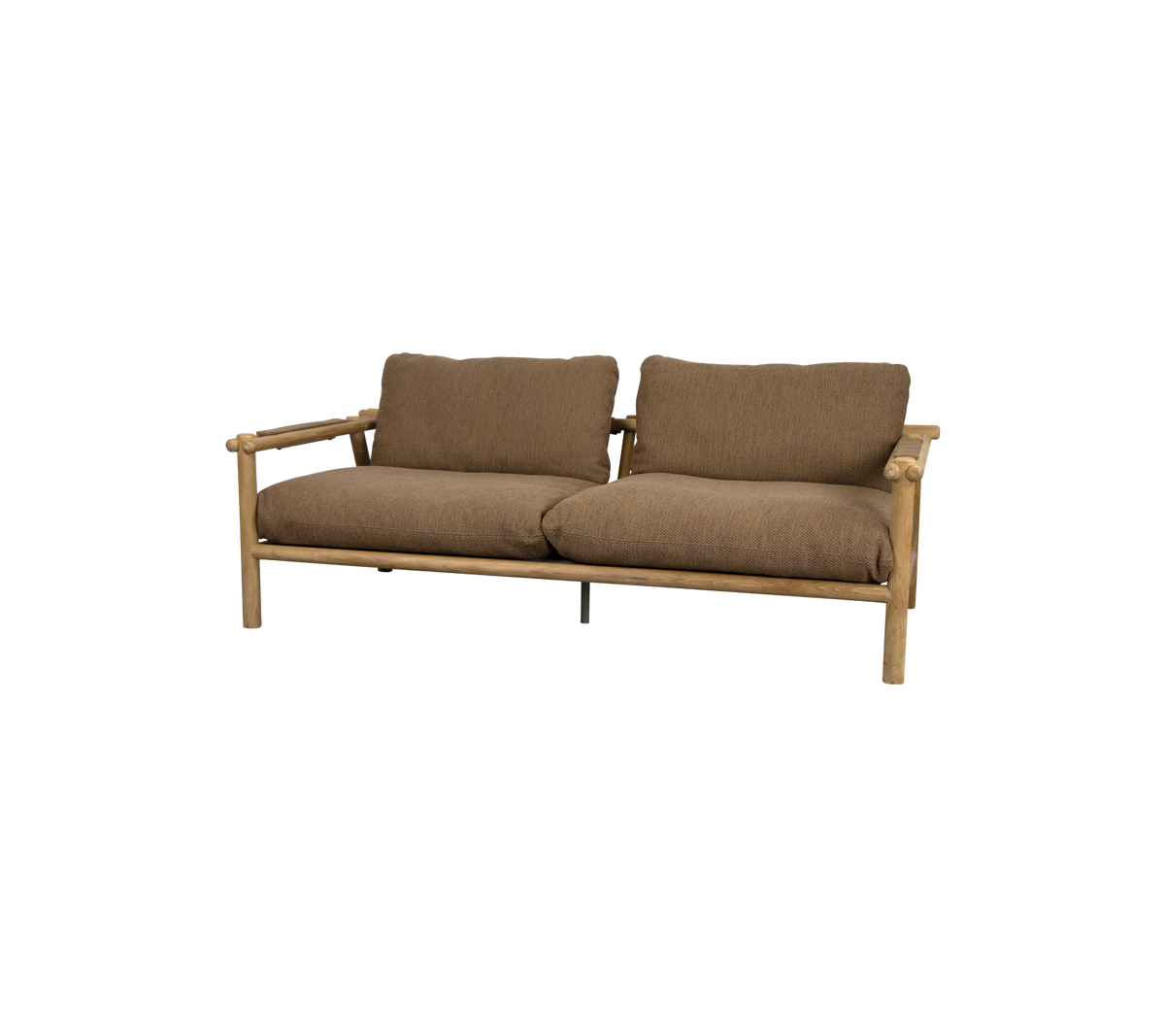 Ein komfortables Zweisitzer-Sofa mit einem Holzrahmen und weichen braunen Kissen, entworfen für Entspannung und stilvolles Sitzen.