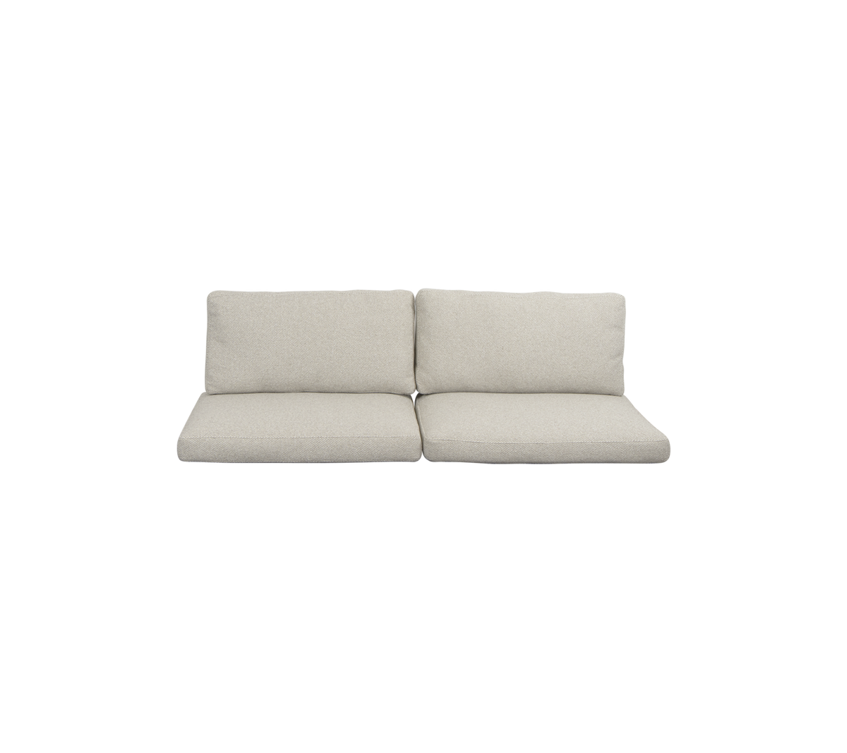 Hellgraues Zweisitzer-Sofa mit plüschigen Kissen, das ein minimalistisches Design bietet, das für verschiedene Einrichtungsstile geeignet ist.