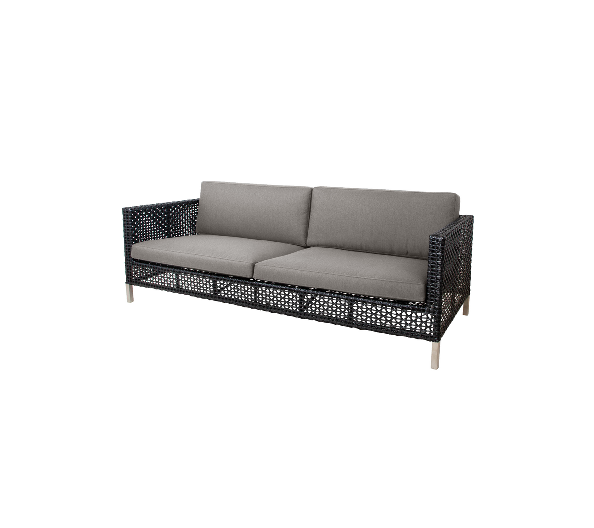 Stylische Sofa mit einem gewebten Design und grauen Kissen, gestaltet für Komfort und modernes Ästhetik. Perfekt für jeden Sitzbereich.