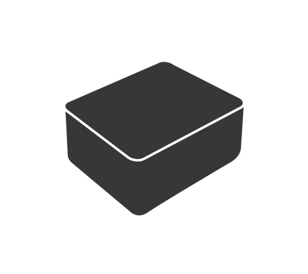 Eine einfache, dunkle rechteckige Box mit abgerundeten Ecken, die einen flachen Deckel und einen leicht erhöhten Boden hat.