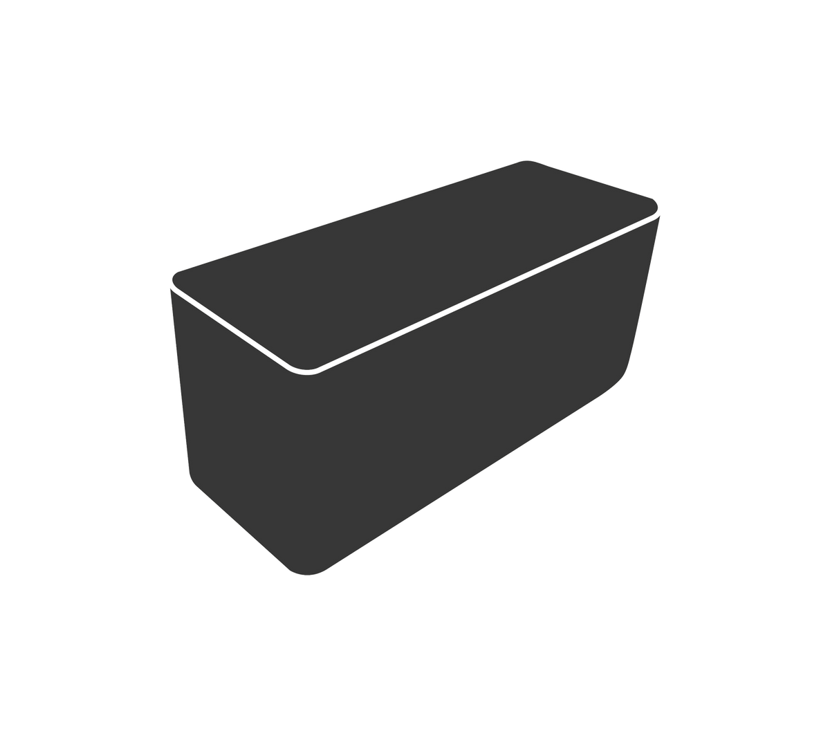 Graue Aufbewahrungsbox mit einem rechteckigen Deckel und schrägen Seiten. Ideal, um verschiedene Gegenstände zu organisieren.