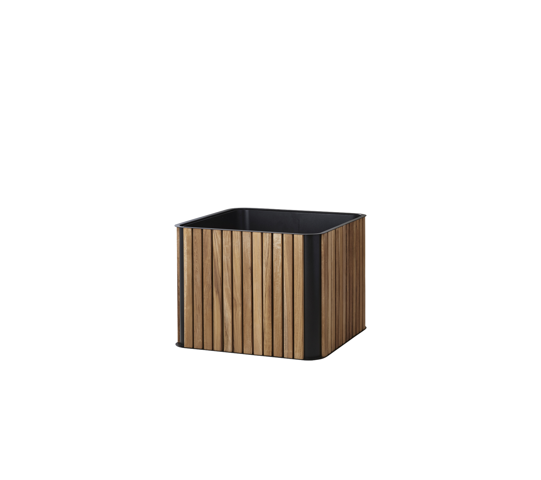 Quadratischer Blumenbehälter mit einem Holzlamellen-Design und einem schwarzen Sockel, ideal für die Präsentation von Pflanzen und zur Aufwertung jedes Raumes.