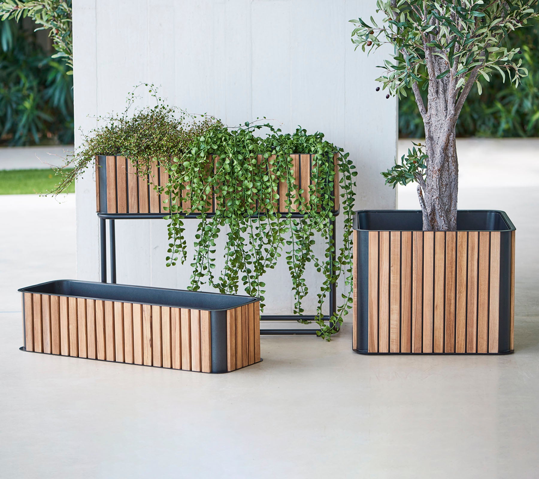 Drei stilvolle Pflanzer mit Holzlatten und Metallbasen, die üppiges Grün zur Schau stellen und jedem Raum einen Hauch von Eleganz verleihen.