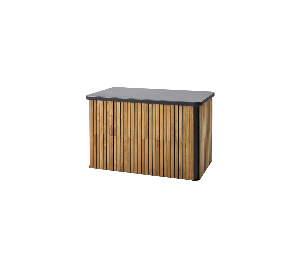 Holzkiste mit lamellenförmigem Design und einer glatten dunklen Oberseite, ideal für Organisation und Stil.