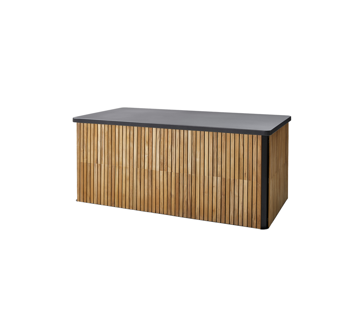 Stilvolle Aufbewahrungslösung mit einer eleganten dunklen Oberfläche und einem vertikalen Lamellenholzdesign für eine moderne Ästhetik. Ideal für vielseitige Nutzung.