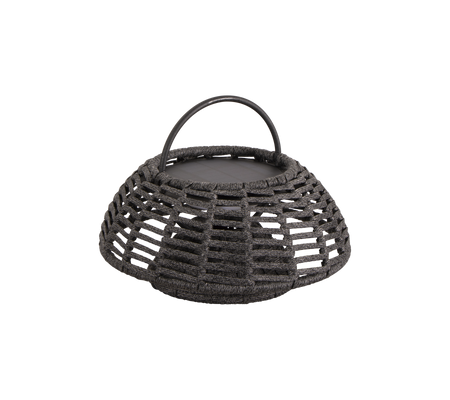 Round woven basket with a handle and a lid, designed for storage or display. Features a unique open weave pattern.