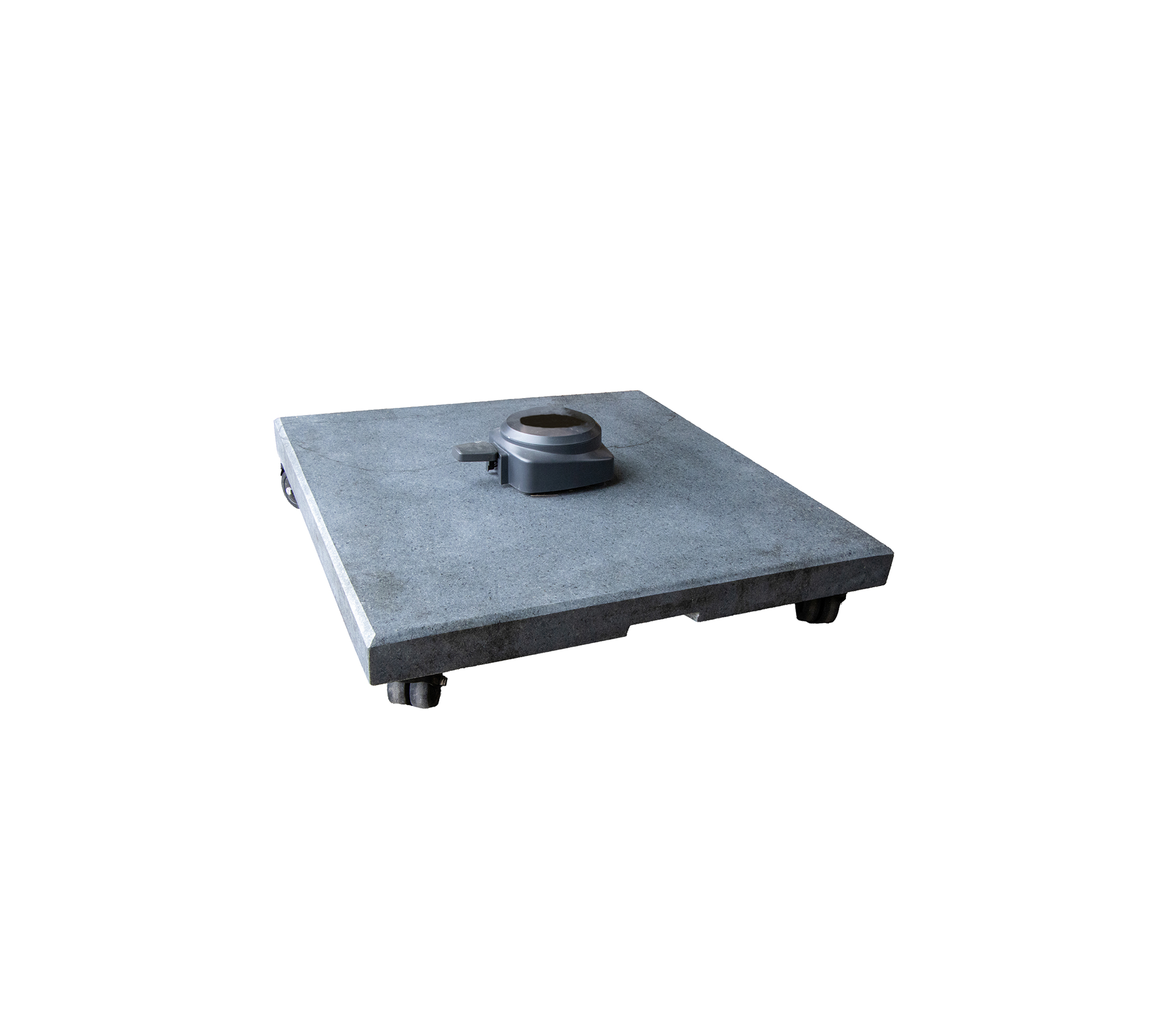 Ein quadratischer Betonsockel mit einem zentralen Befestigungspunkt und verstellbaren Füßen, der für Stabilität und Unterstützung in verschiedenen Anwendungen konzipiert ist.