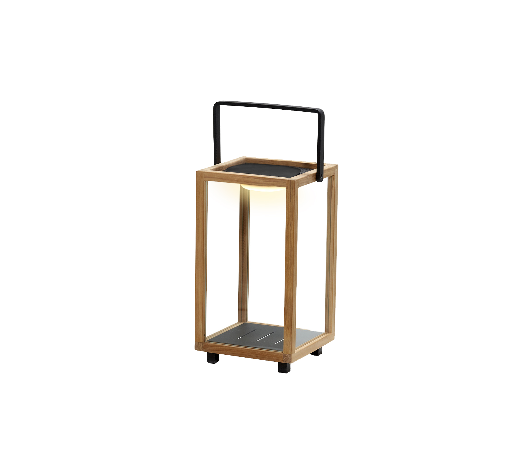 Eine stilvolle Laterne aus Holz und Metall, mit einem integrierten LED-Licht im Design, ideal um Atmosphäre zu schaffen.