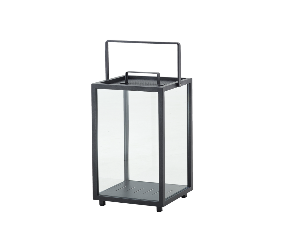 Glaslaterne mit einem Metallrahmen und Griff, ausgestattet mit einem schlanken Design für dekorative Nutzung oder Beleuchtung.