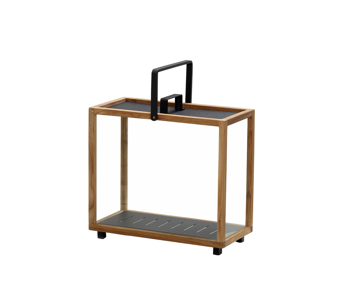 Holzservierwagen mit einem schwarzen Griff und zwei Ablagen, entworfen für einfachen Transport und vielseitige Aufbewahrung. Ideal zur Organisation von Gegenständen.