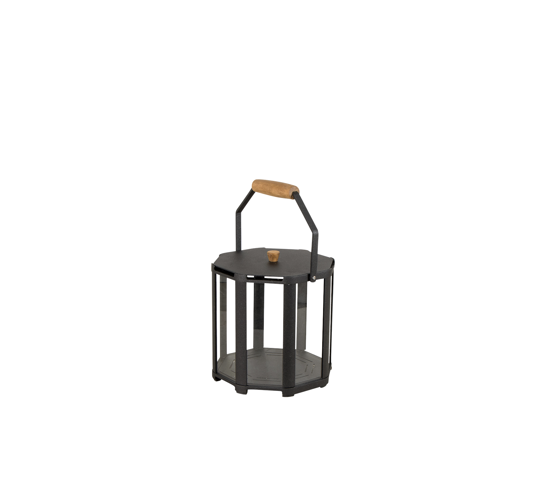 Stilvolle Laterne mit einem schwarzen Metallrahmen und einem Holzgriff, entworfen, um eine Kerze oder Lichtquelle zu halten.