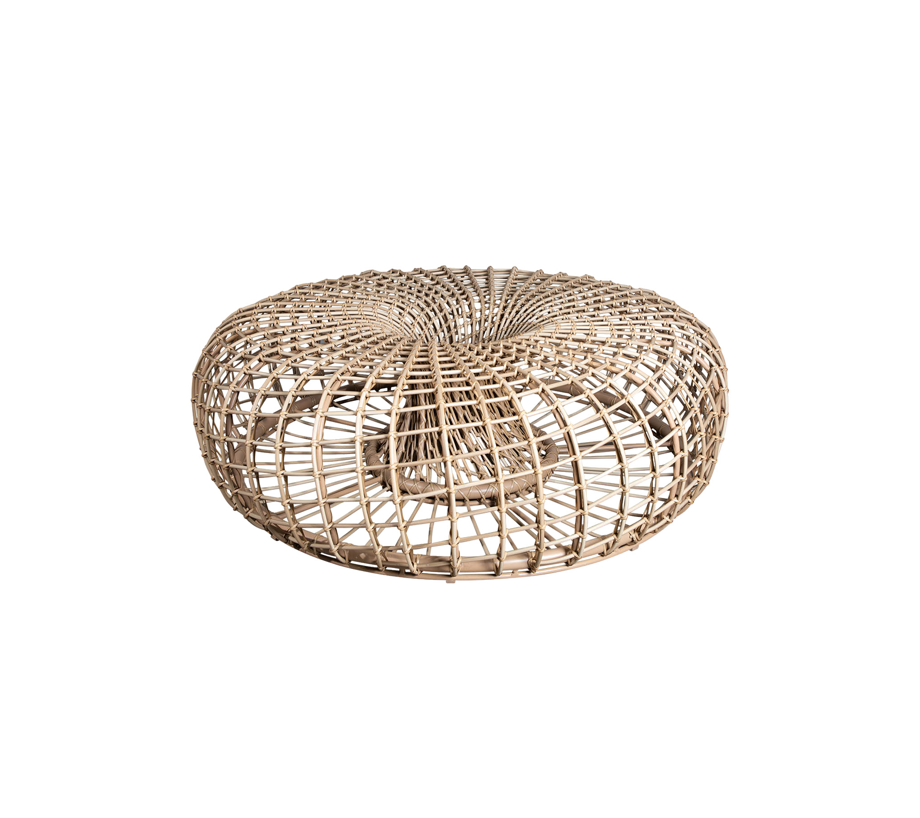 Runder gewebter Pouf aus Naturfasern mit einem strukturierten Design, perfekt als vielseitiges Akzentstück für jeden Raum.