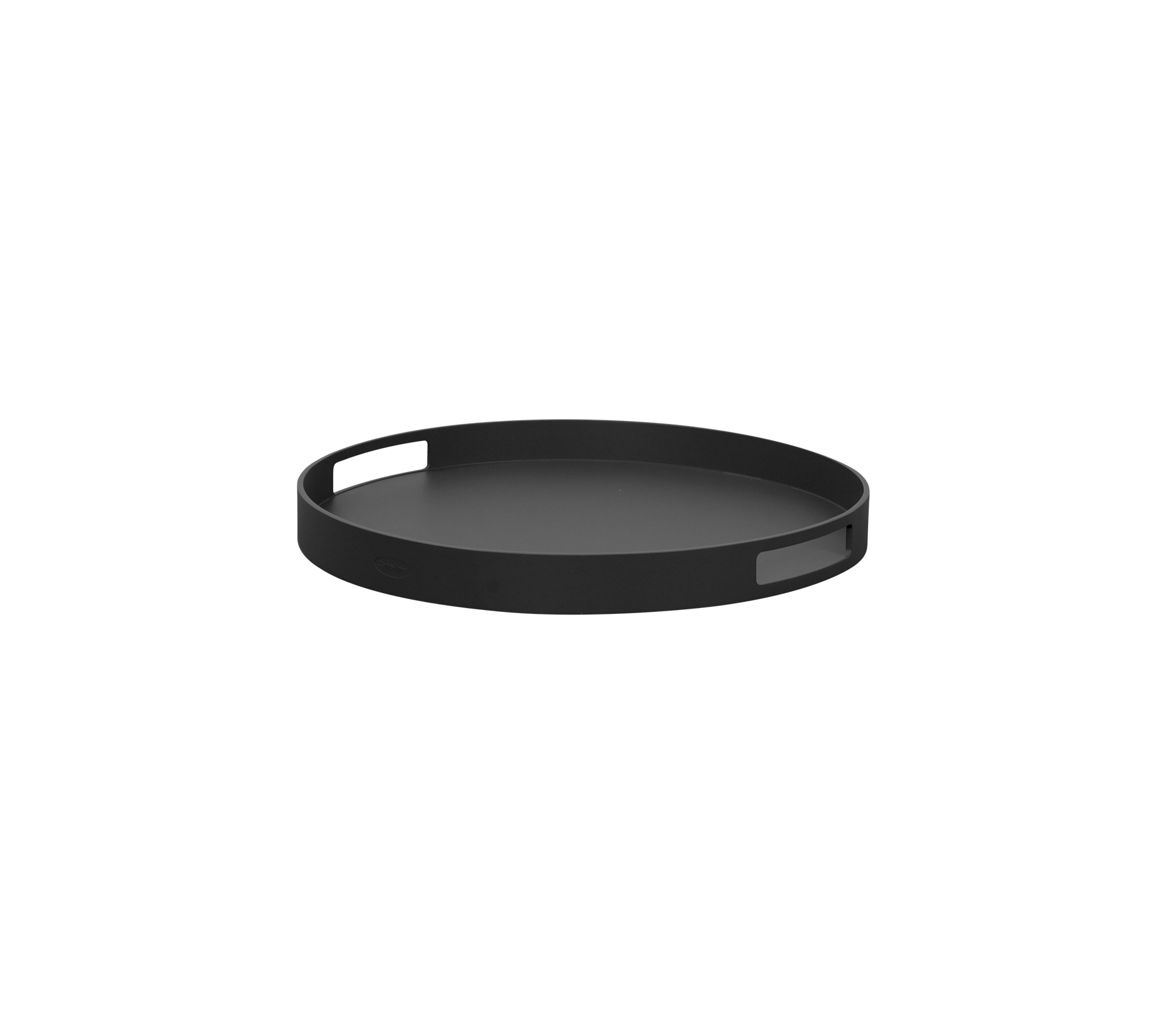 Schwarzes, rundes Tablett mit einer glatten Oberfläche und subtilen Griff für einfaches Anheben, ideal zum Servieren oder Organisieren von Gegenständen.