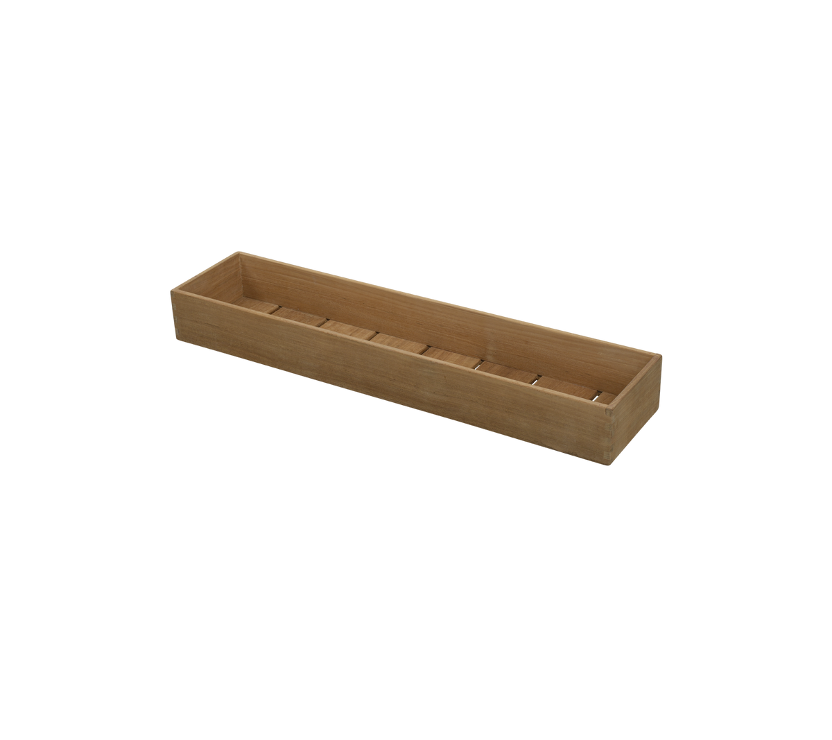 Holzaufbewahrungstablett mit mehreren Fächern zur Organisation von Gegenständen, mit einem langen und rechteckigen Design.