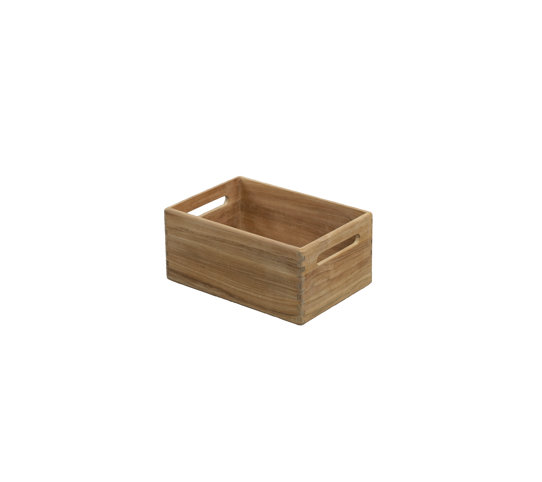 Teak-Kiste mit ausgeschnittenen Griffen.