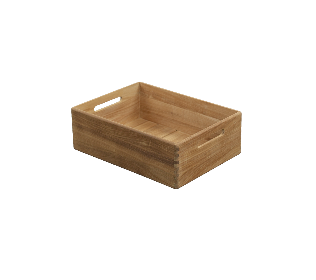 Teaktablett mit integrierten Griffen, die ein einfaches und funktionales Design aufweist.