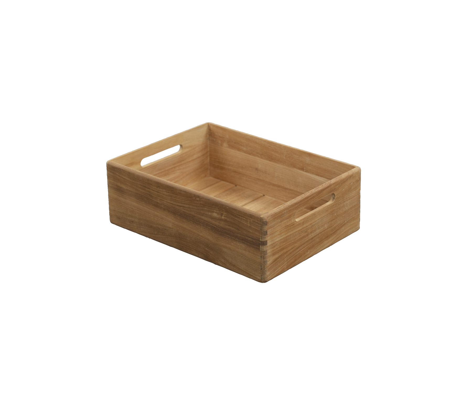 Teaktablett mit integrierten Griffen, die ein einfaches und funktionales Design aufweist.