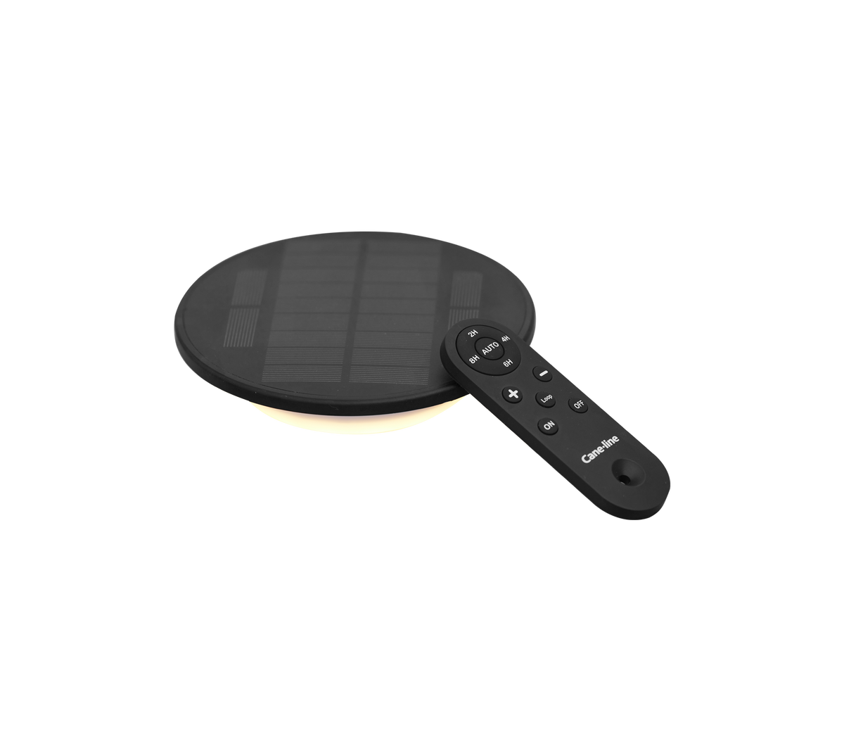 Schwarz solar LED-Licht mit runder Form und einer Fernbedienung für einstellbare Einstellungen.