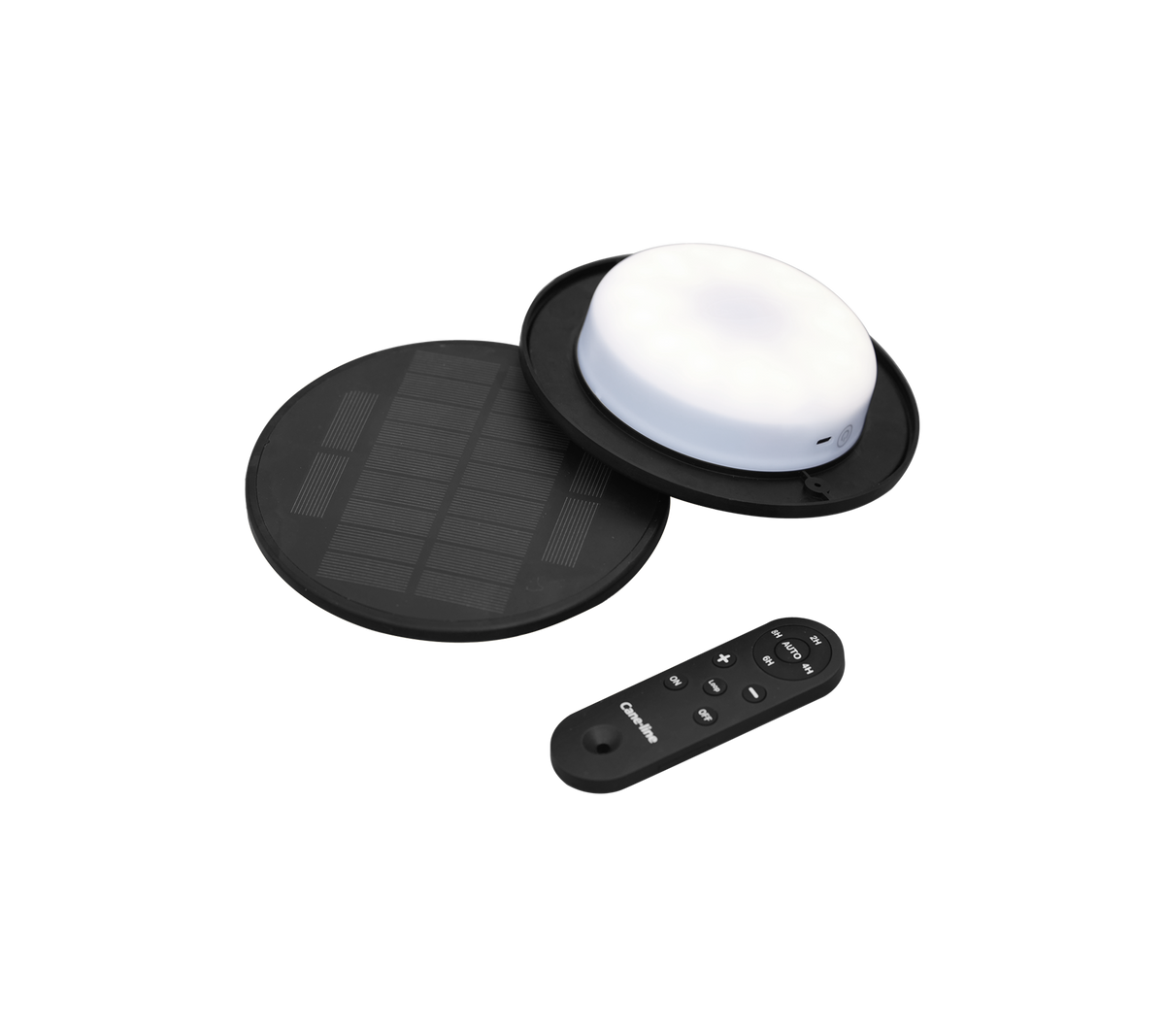 Solarbetriebene LED-Leuchte mit einer runden weißen Lampe, einem schwarzen Solarpanel und einer Fernbedienung zur Steuerung.