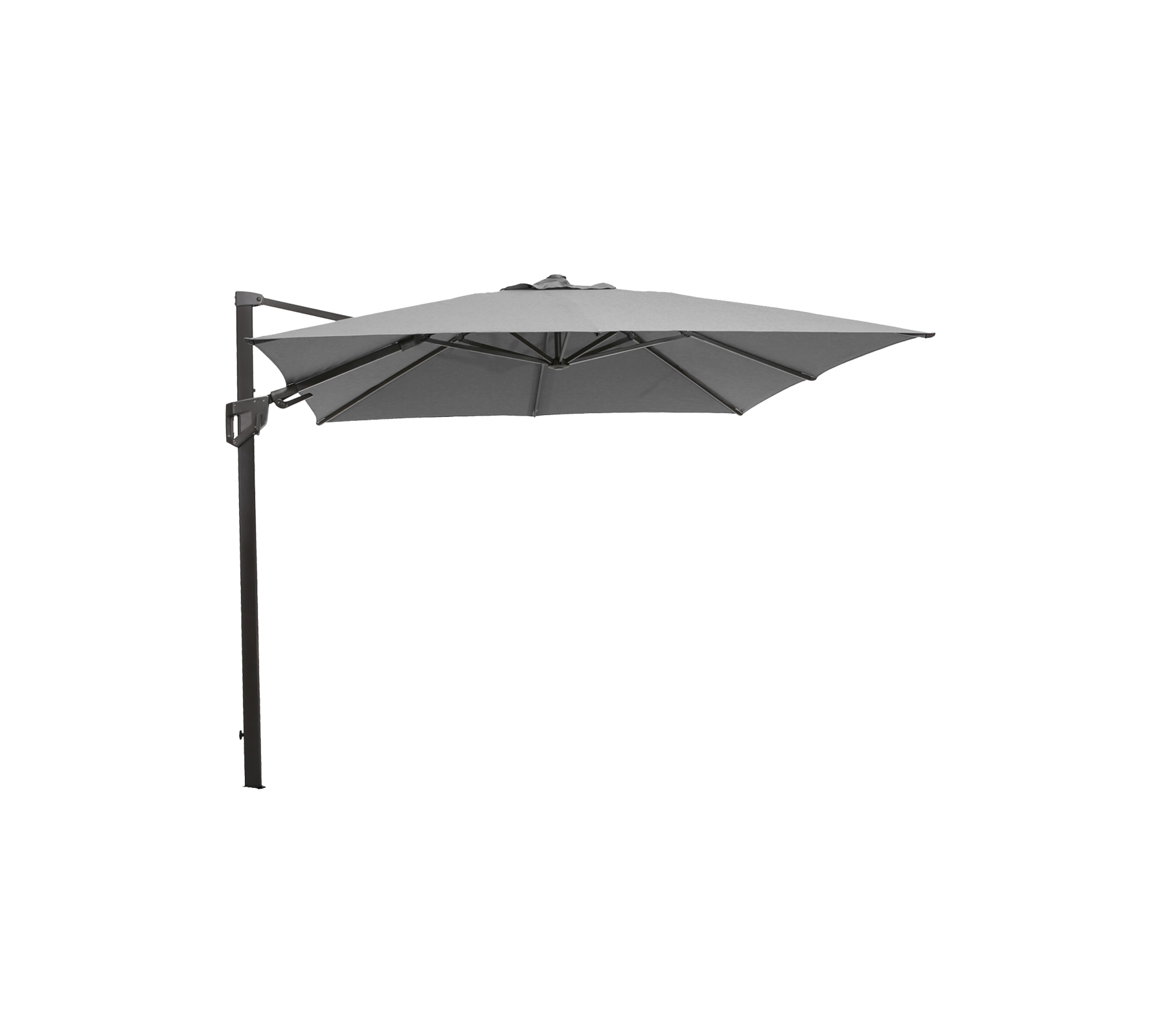 Ein moderner, freischwebender Sonnenschirm mit einem grauen Dach und einem stabilen schwarzen Stock. Ideal, um Schatten in Außenbereichen zu spenden.
