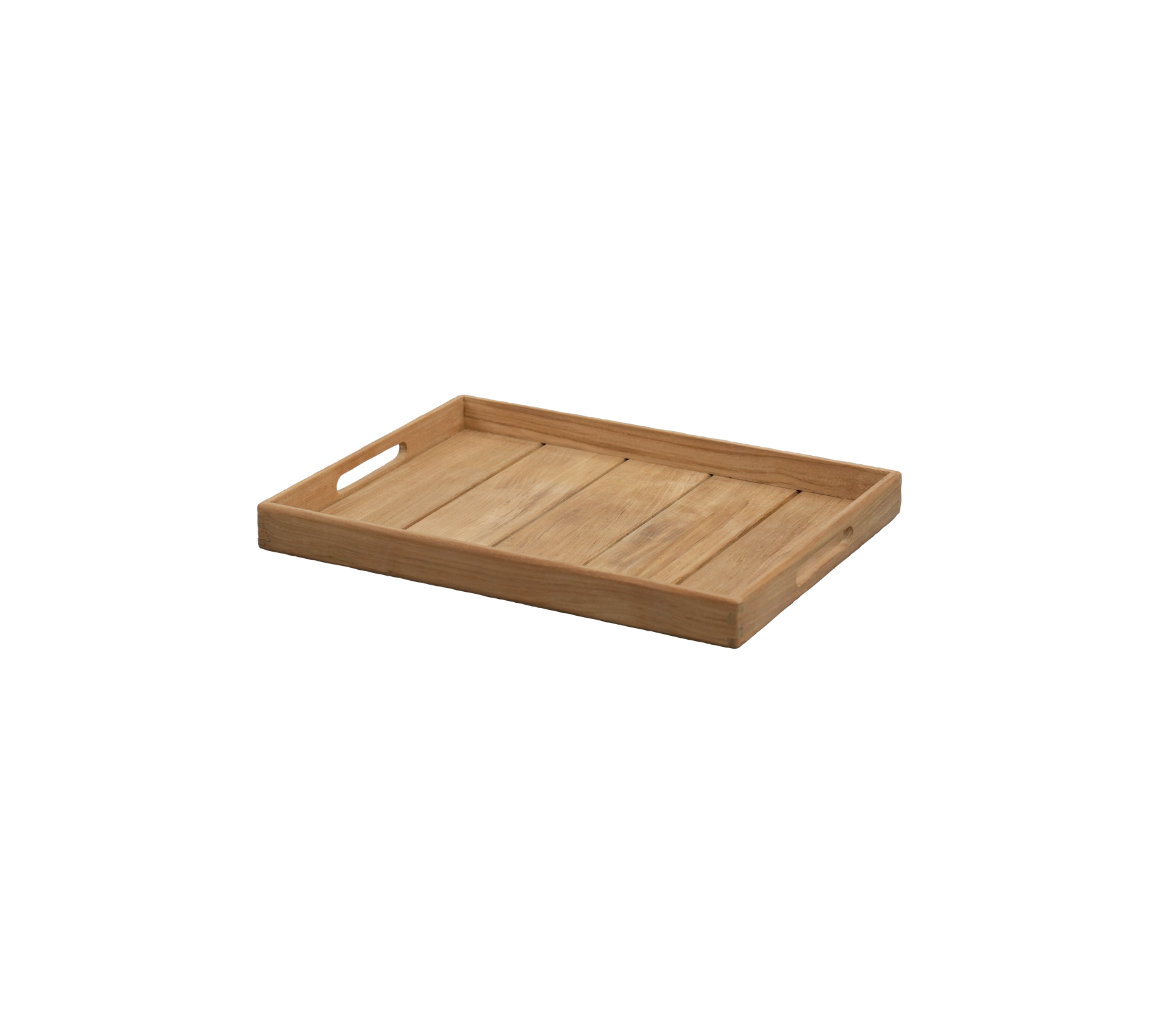 Teaktablett mit Ausschnitten für die Griffe und einem schlichten Design.