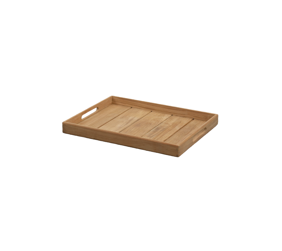 Teaktablett mit Ausschnitten für die Griffe und einem schlichten Design.