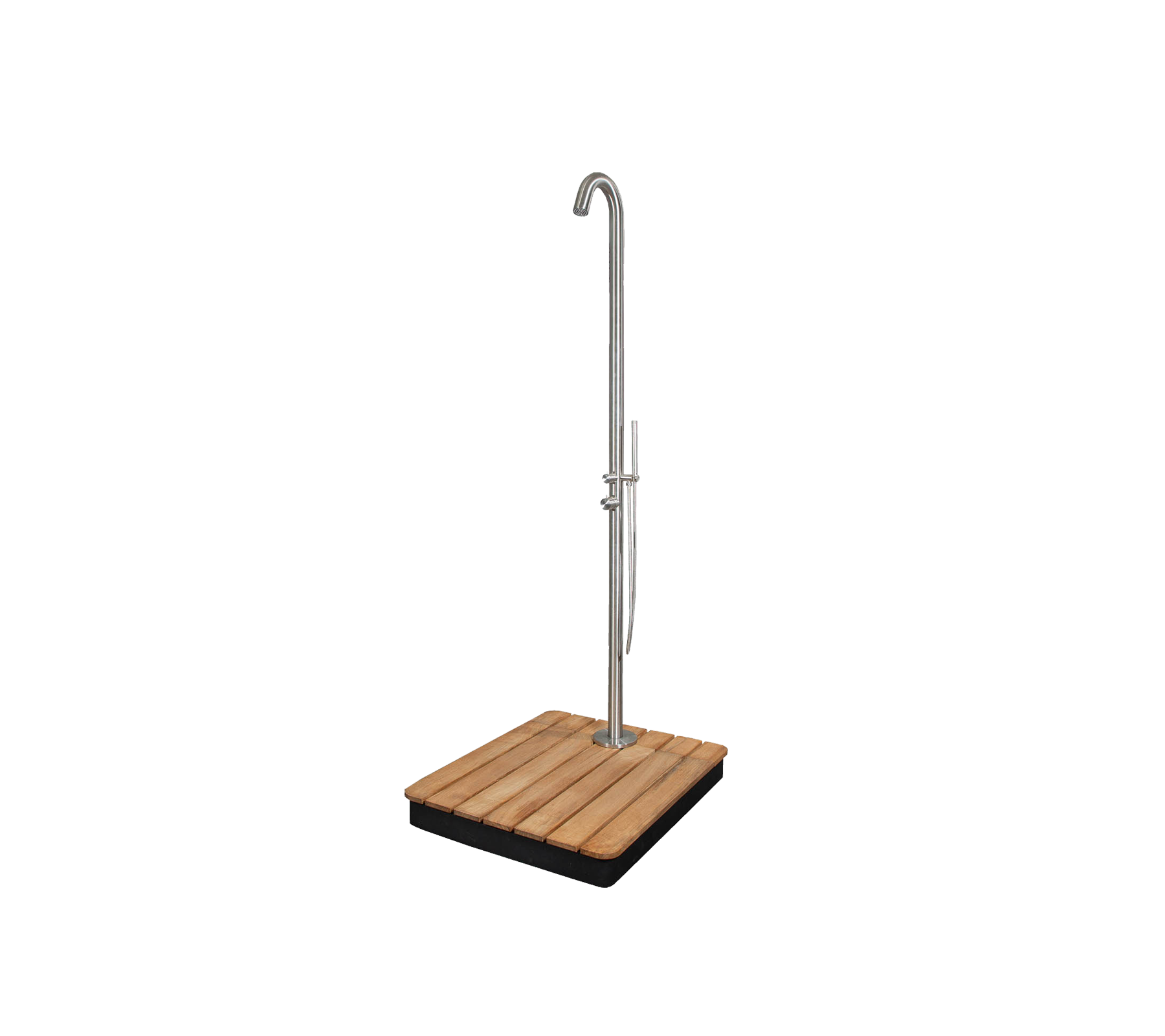 Stilvolle Außendusche mit einem eleganten Design, ausgestattet mit einer stabilen Basis und einem hohen, gebogenen Duschkopf für ein elegantes Aussehen.