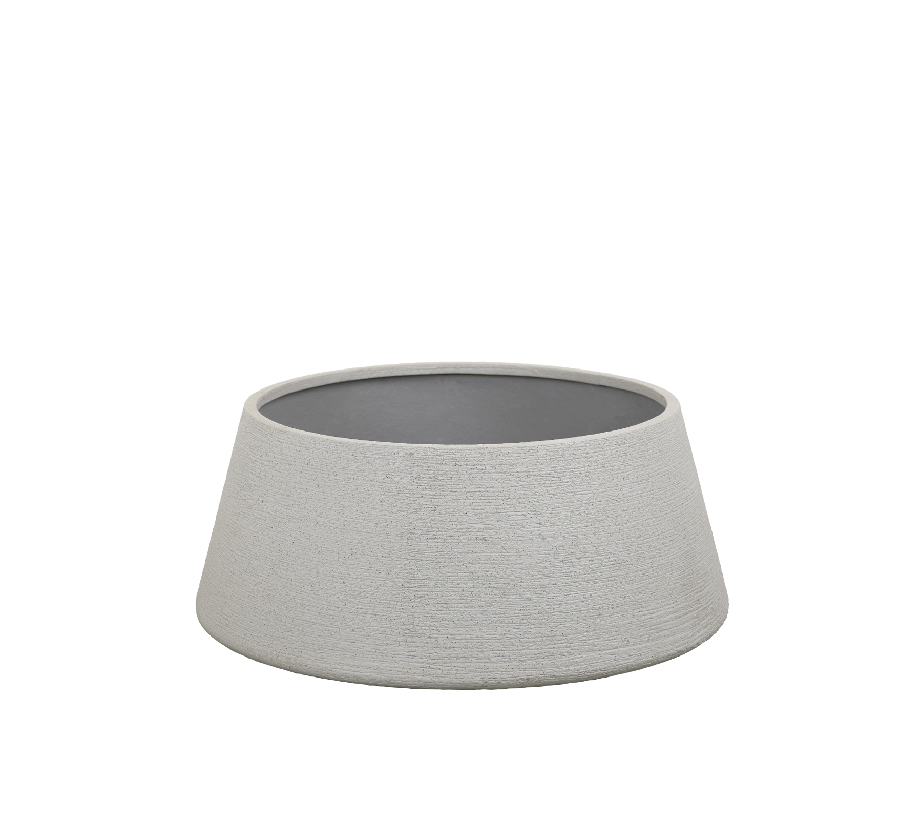 Graue Schüssel mit einer strukturierten Außenseite und dunklem Inneren.
