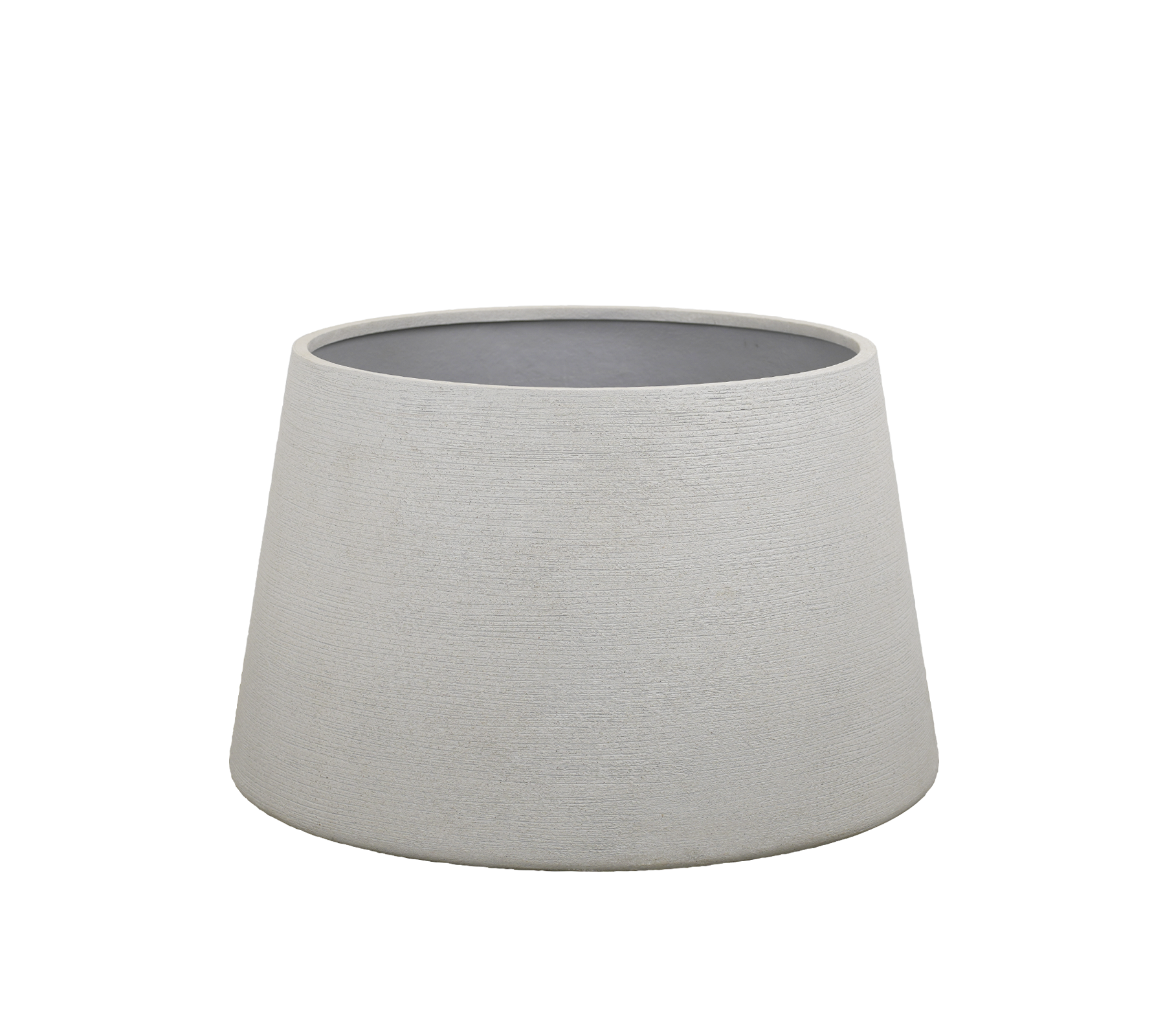 Grauer Blumentopf mit modernem Design und konischer Form.