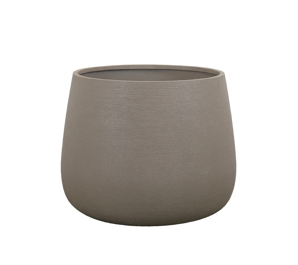 Runder taupe Blumentopf mit glatter Oberfläche.