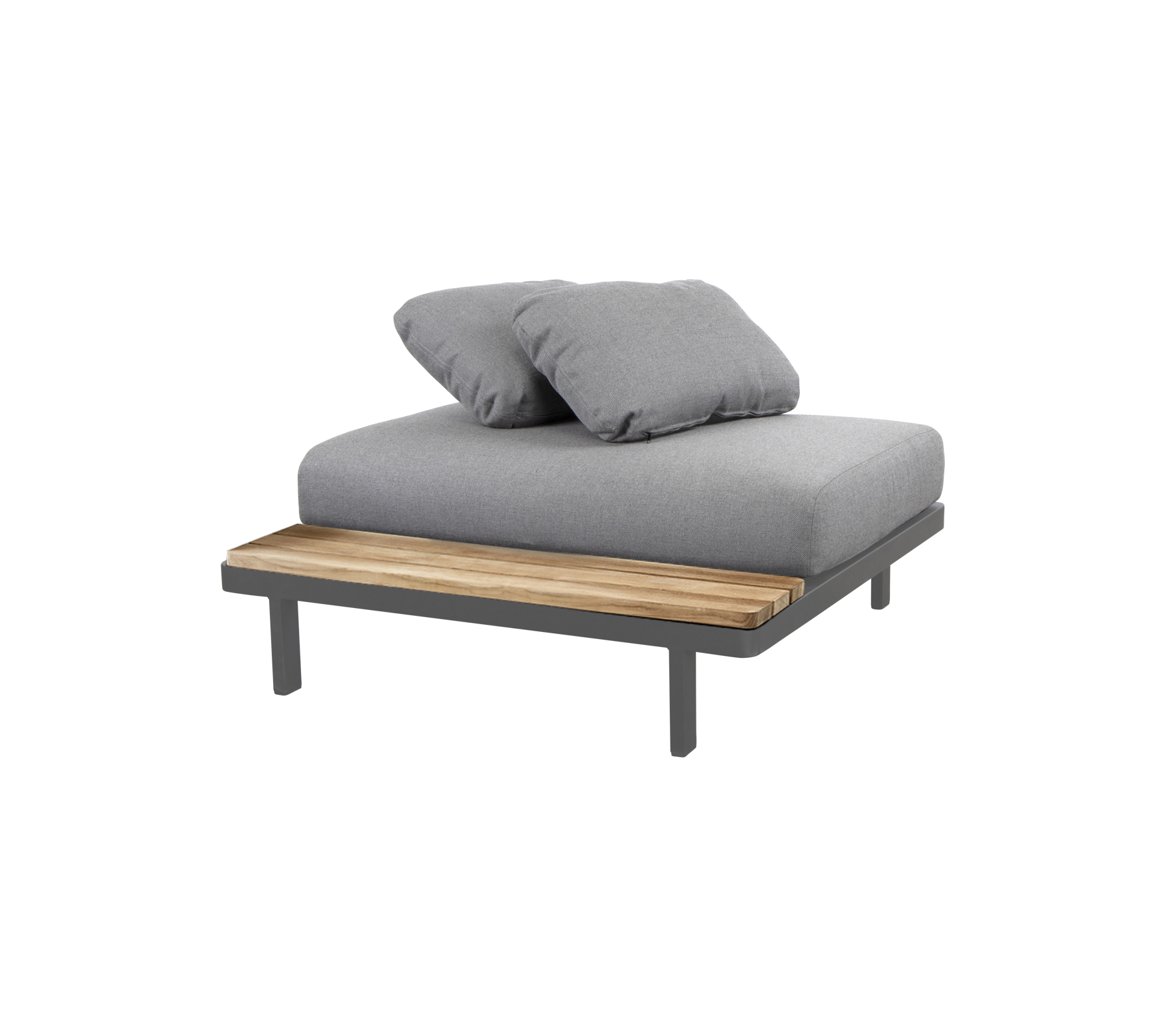 Stilvolles Loungesofa mit einer gepolsterten grauen Oberfläche und einem Holz-Akzent, ideal zum Entspannen und Wohlfühlen.