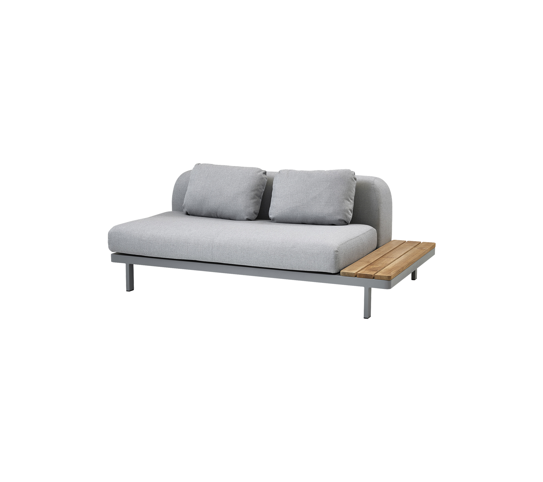 Moderne Sofa mit einem schlanken Design, ausgestattet mit weichem grauem Stoff und einem Holztisch für zusätzliche Funktionalität.
