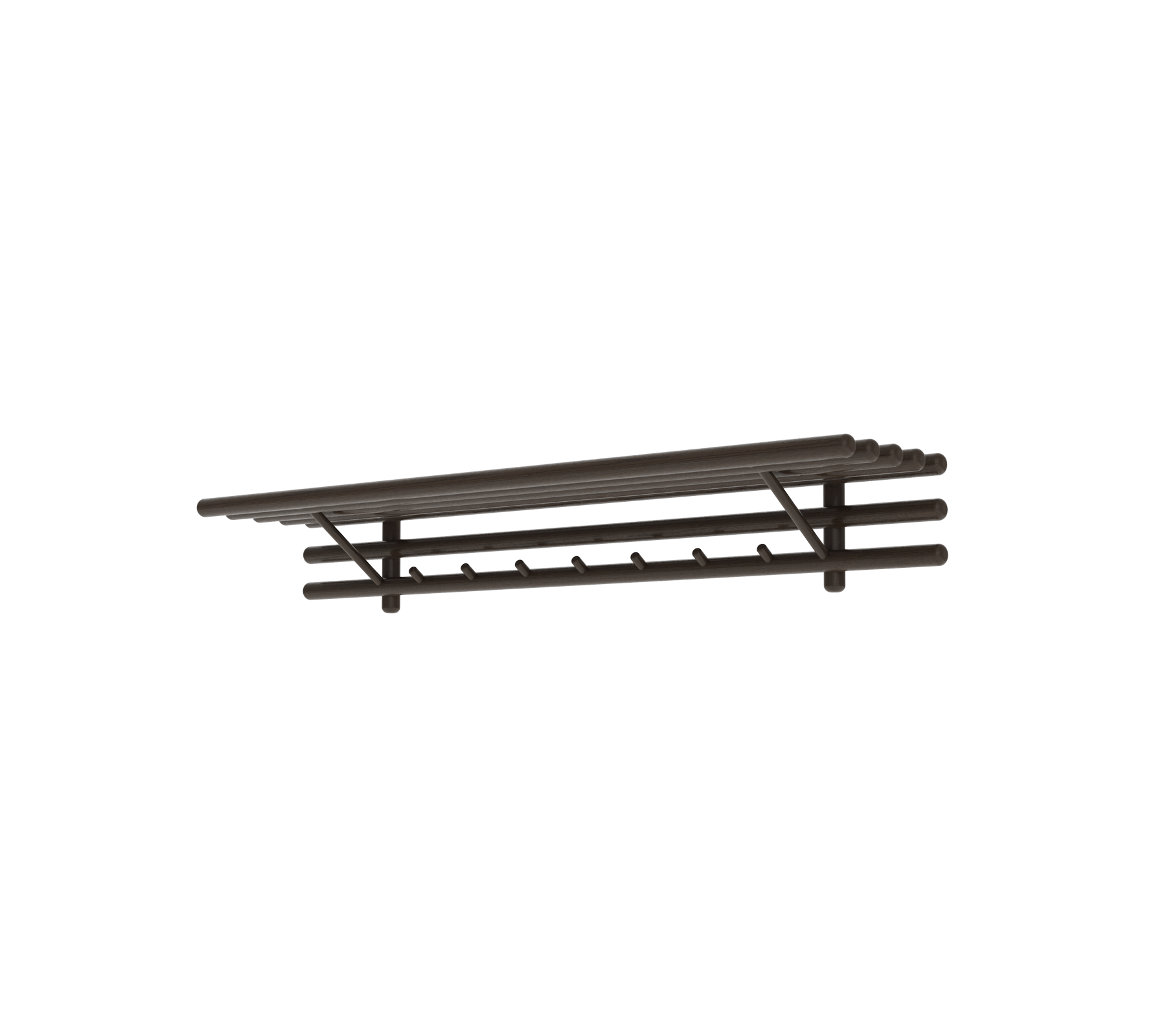 Ein elegantes, dunkelholz Wandregal mit mehreren Haken, perfekt zum Organisieren und stilvollen Präsentieren von Gegenständen.