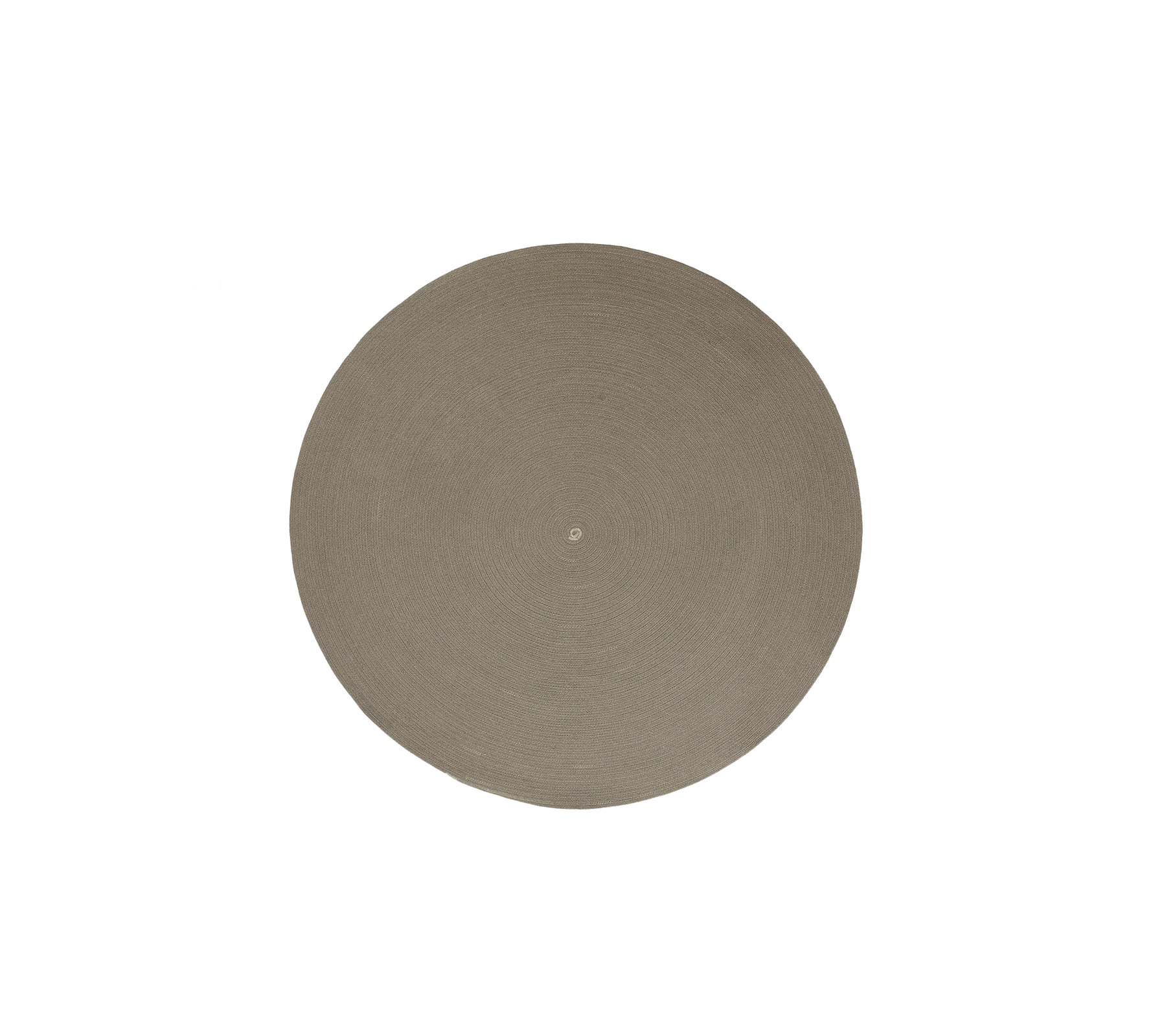 Taupe Circle Outdoor-Teppich mit einem einfachen und eleganten Flachgewebedesign, das ein Wirbelmuster zeigt, hergestellt aus Cane-line Soft Rope.