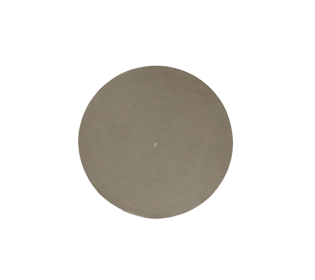 Taupe Circle Outdoor-Teppich mit einem einfachen und eleganten Flachgewebedesign, das ein Wirbelmuster zeigt, hergestellt aus Cane-line Soft Rope.