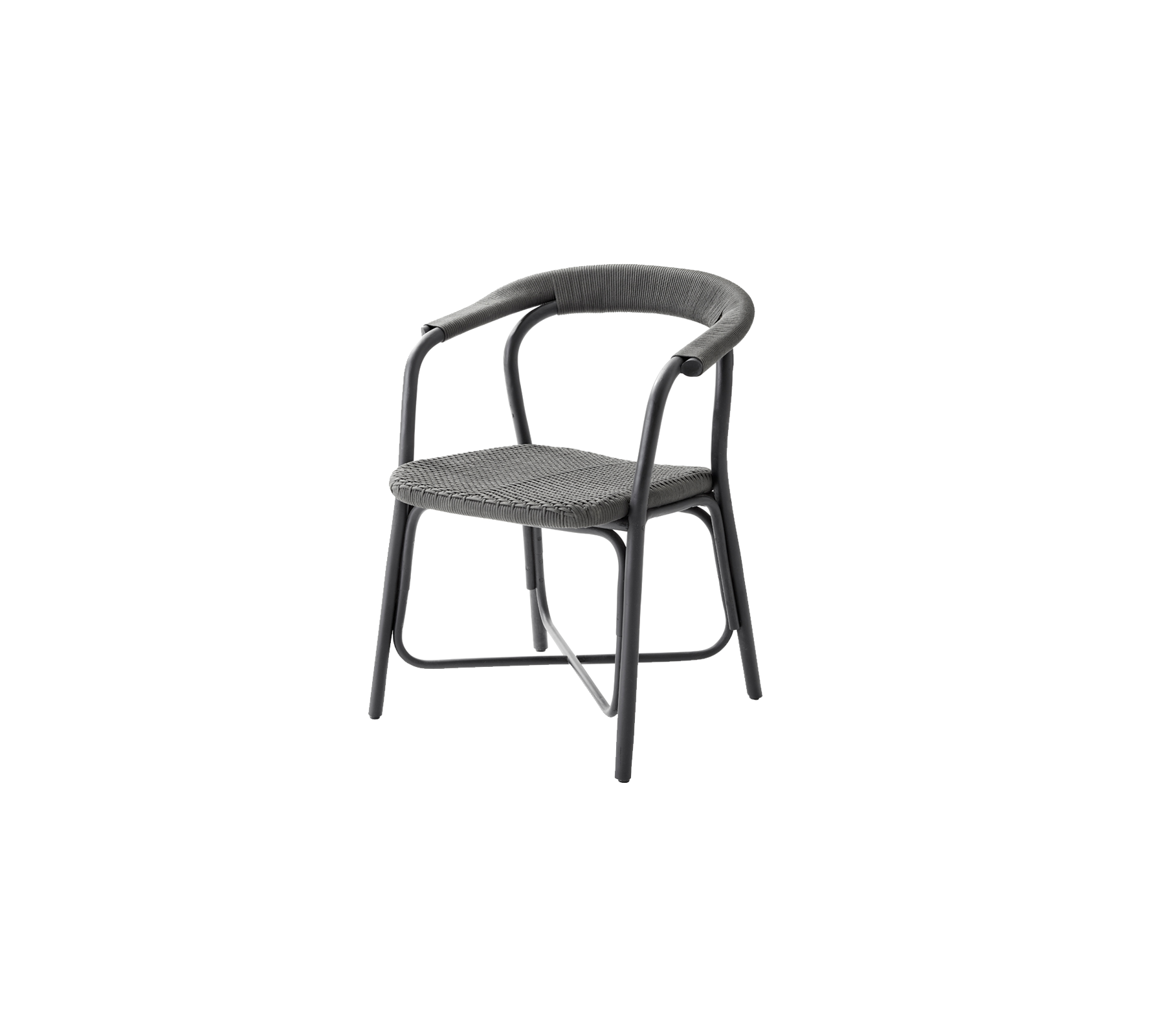 Stylischer Stuhl mit einer geschwungenen Rückenlehne und Armlehnen, ausgestattet mit einem geflochtenen Sitzdesign und einem stabilen Rahmen, perfekt für moderne Sitzbedürfnisse.