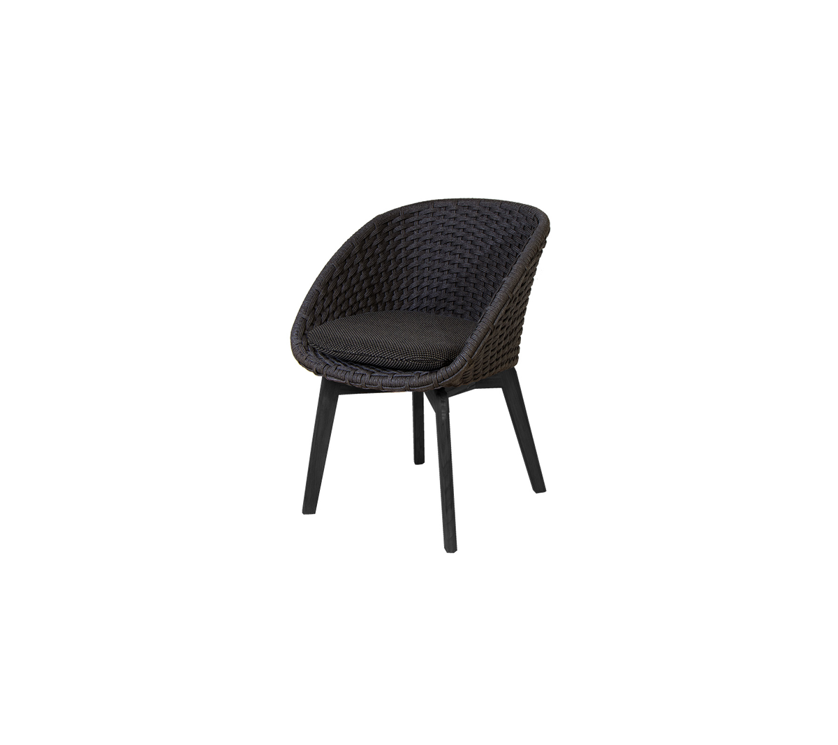 Stylischer gewebter Stuhl mit einem bequemen Sitz, der ein schlankes Design und robuste Beine in dunkler Ausführung aufweist. Perfekt für moderne Räume.