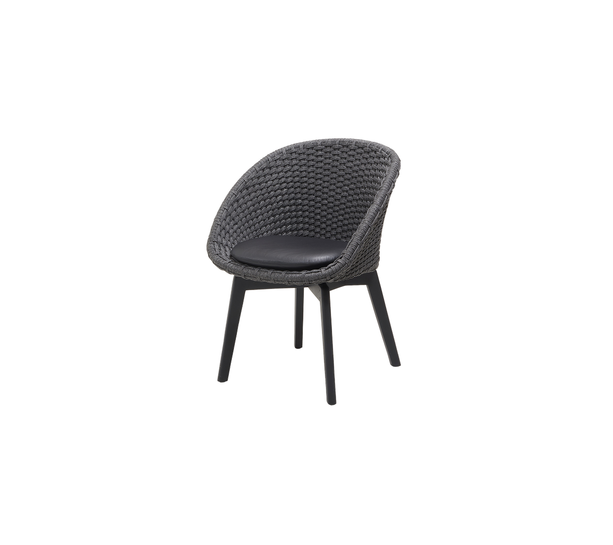 Stylischer Stuhl mit einem runden geflochtenen Sitz und einer schwarzen gepolsterten Oberfläche, unterstützt von schlanken Beinen für modernes Sitzen.