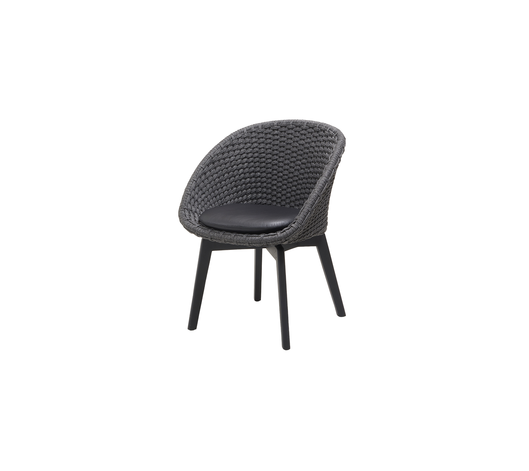 Stylischer Stuhl mit einem runden geflochtenen Sitz und einer schwarzen gepolsterten Oberfläche, unterstützt von schlanken Beinen für modernes Sitzen.