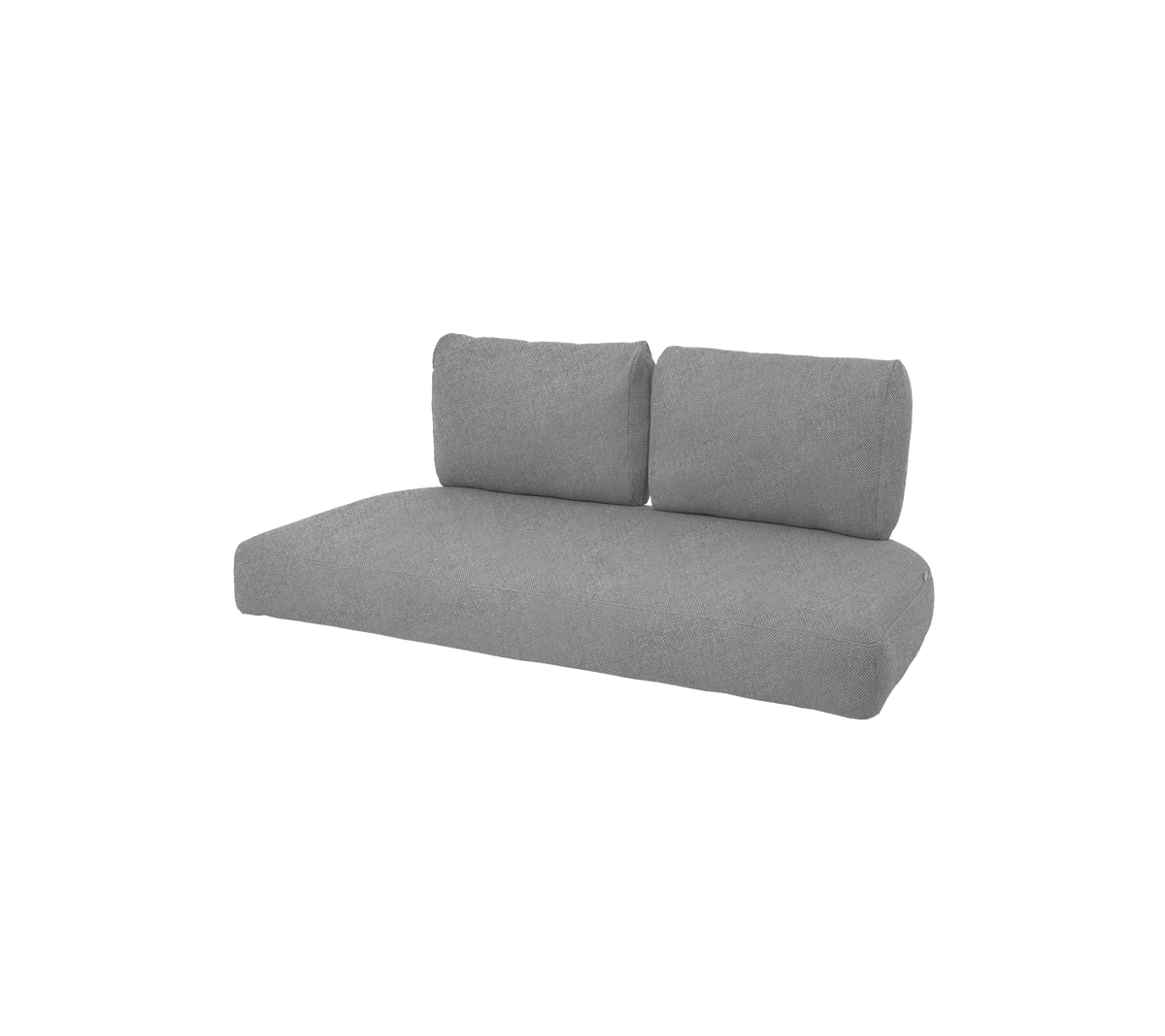 Ein modernes graues Sofa mit zwei Rückenkissen, das ein minimalistisches Design hat, das für verschiedene Wohnräume geeignet ist.