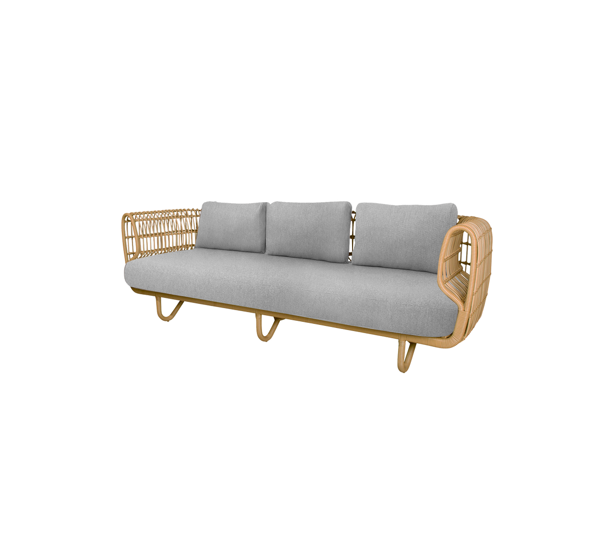 Stilvolle Sofa mit einem Gestell aus natürlichem Holz und weichen grauen Kissen, perfekt um Komfort und Eleganz in jeden Raum zu bringen.