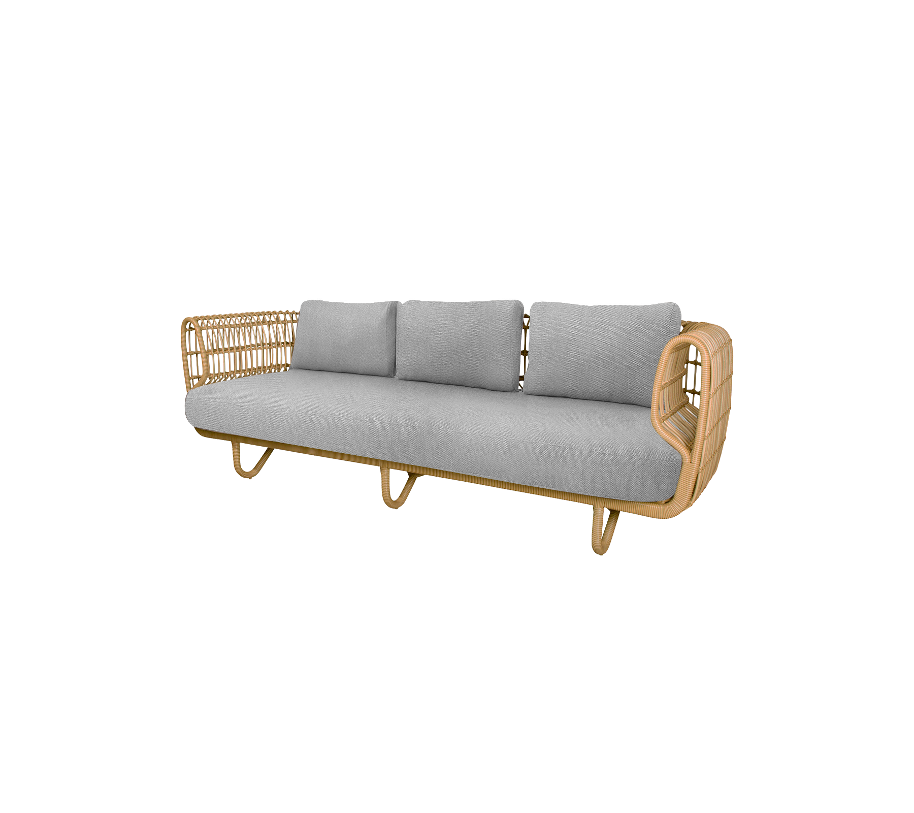 Stilvolle Sofa mit einem Gestell aus natürlichem Holz und weichen grauen Kissen, perfekt um Komfort und Eleganz in jeden Raum zu bringen.