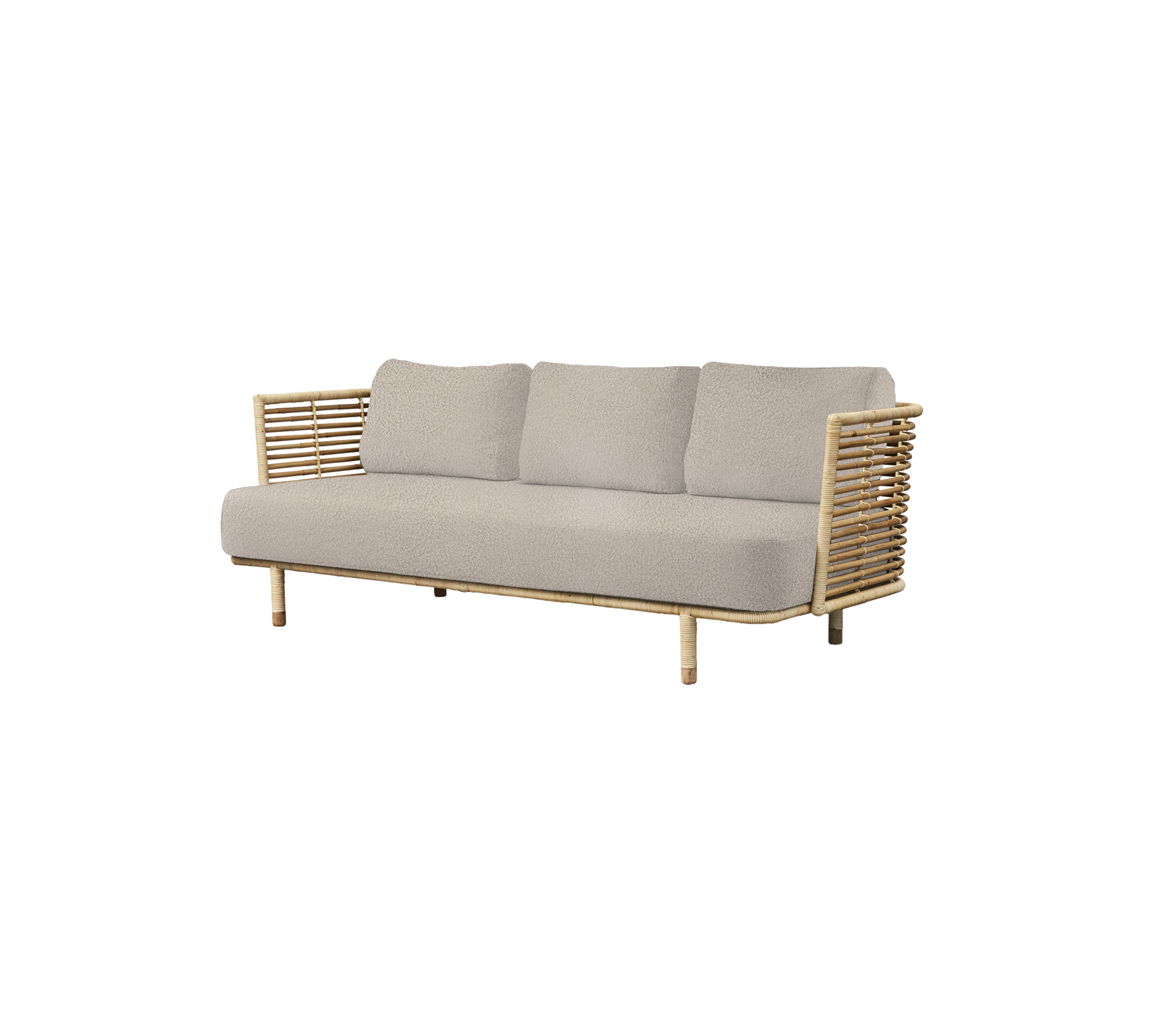 Stylische Couch mit einem hellgrauen Kissen und natürlichen Holzakzenten sowie markanten Armlehnen, perfekt für modernes Dekor.