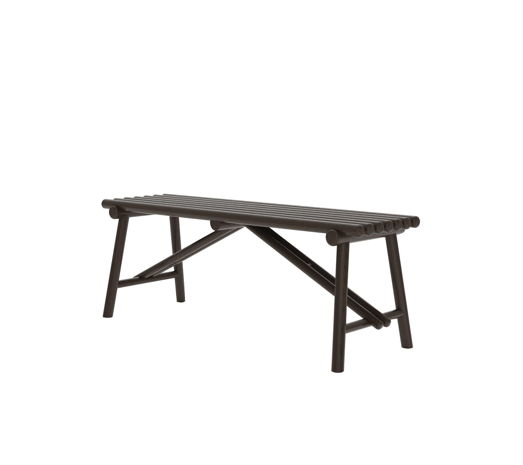 Eine einfache, dunkelbraune Holzbank mit einem robusten Design, ausgestattet mit einer lamellierten Oberfläche und schrägen Beinen.