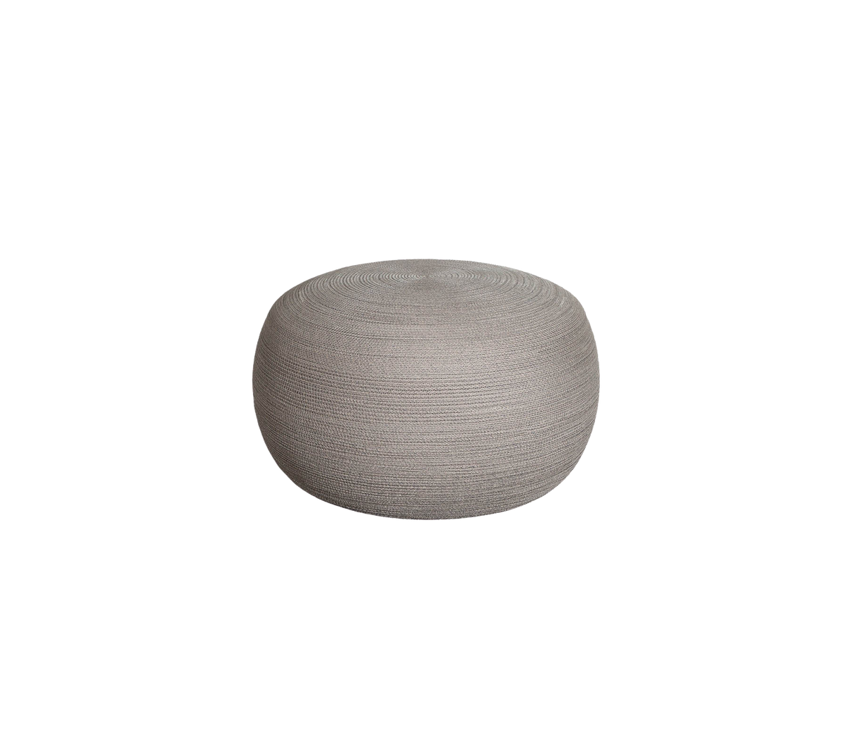 Runder, strukturierte Pouf in einer sanften grauen Farbe, ideal als Akzent-Sitzgelegenheit oder als dekoratives Element in verschiedenen Räumen.