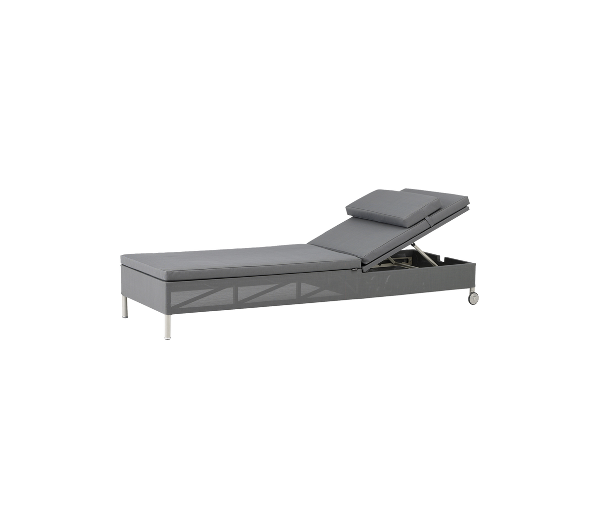 Verstellbare graue Chaiselong mit einer neigbaren Rückenlehne und integriertem Stauraum, mit schlankem Design und metallischen Beinen.