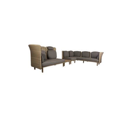 Stylish sectional seating featuring a woven design and plush cushions, ideal for relaxation and social gatherings.